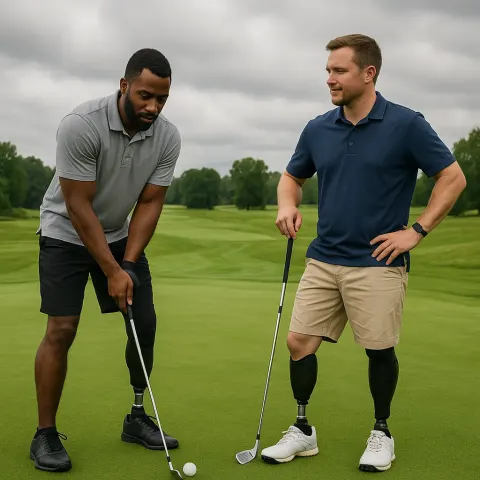 Two Men with Prosthetic Legs Are Preparing to Play Golf