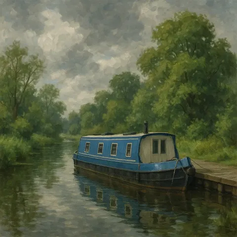 Canal Scene with a Docked Blue and White Boat
