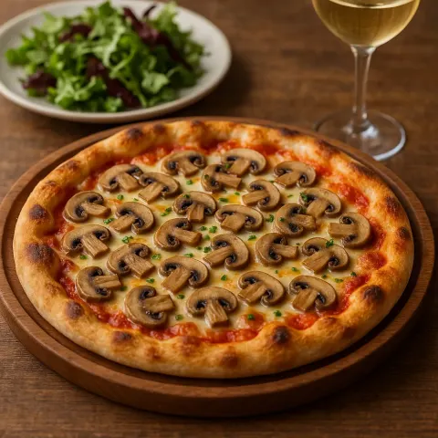 Freshly Baked Mushroom Pizza on a Wooden Tray