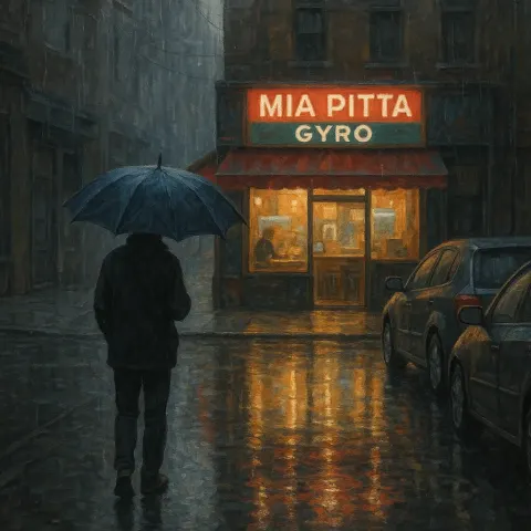Rainy Street Scene with a Person under an Umbrella