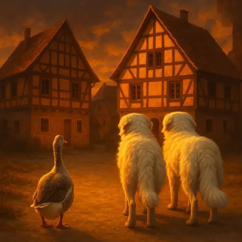 Goose and Kuvasz Dogs Approach Timber-framed Houses