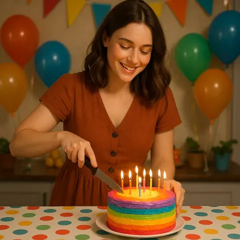 Woman Stands by a Counter Adorned with a Lively Birthday