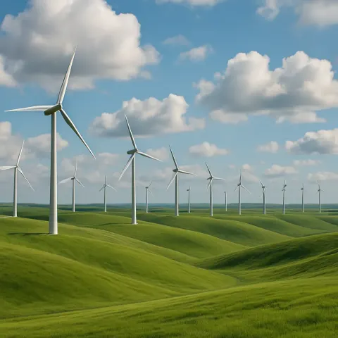Many Distant Wind Turbines Stand Aligned Across Vast