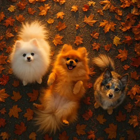 Centered Trio of Pomeranians—one a Delicate-headed White Dog