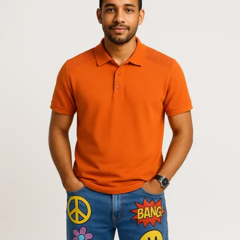 Man Wearing an Orange Polo Shirt with Patterned Shoulder Details