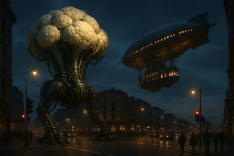 Colossal Bio-mechanical Cauliflower and Victorian Sci-fi Airliner Loom