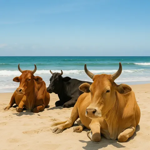 Three Cows Rest on a Sandy Beach with Waves