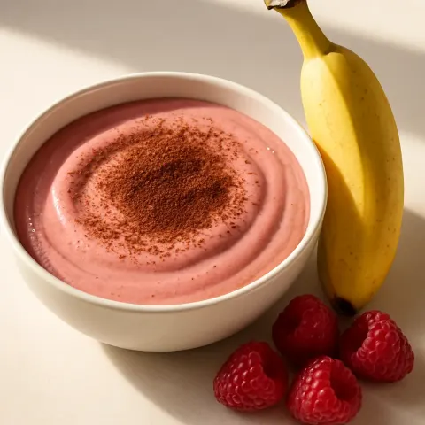White Ceramic Bowl Lies a Creamy Pink Smoothie