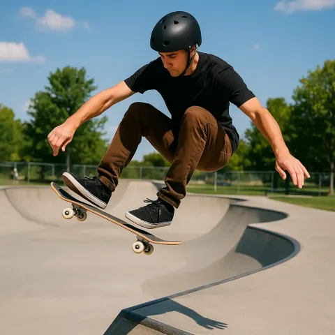 Skateboarder Wearing a Helmet Performs a Trick Mid-air