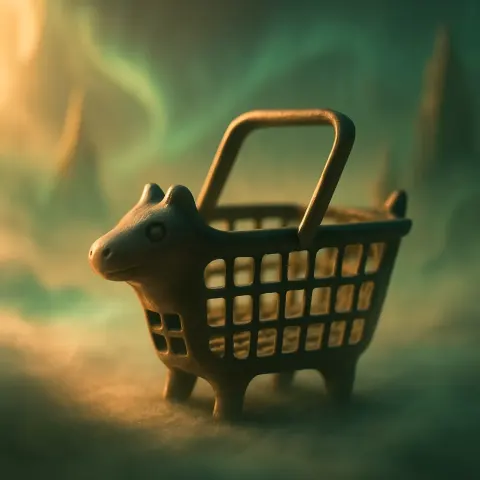 Zoomorphic-designed Shopping Basket Amid Mystical Auroral Mists and Structures