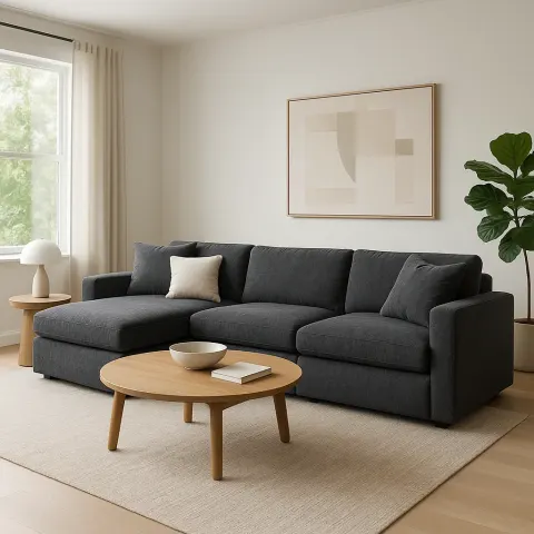 Spacious Living Room with a Prominent Charcoal-gray Sectional Sofa Taking