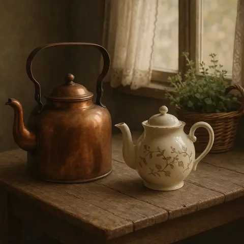 Vintage Kitchen Setting Showcases a Sturdy Copper Kettle