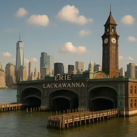 Waterfront Train Station with "Erie Lackawanna" Signage
