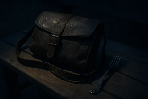 Worn Leather Bag Sits Beside a Weathered Silver Fork