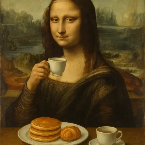 Photo Featuring the Mona Lisa Having Tea as She Relishes