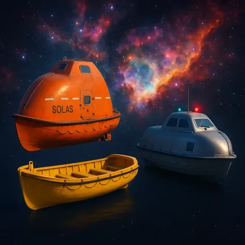 Three Distinct Lifeboats Are Centrally Composed Against the Vibrant