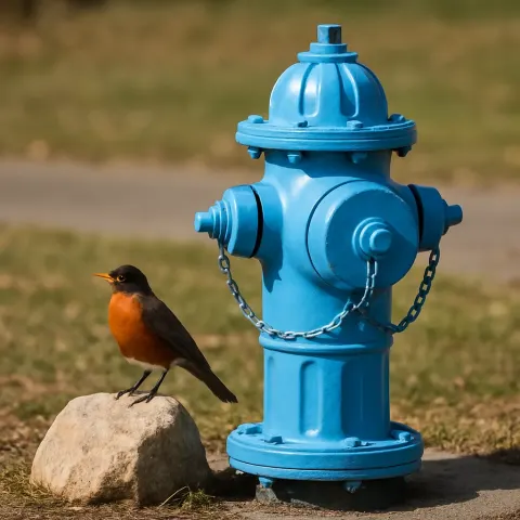 Image Featuring a Blue Fire Hydrant with a Bird
