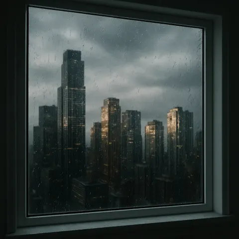 Rain-speckled Glass Offers a Distorted View of a Sprawling Cityscape