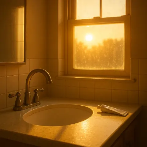 Sunlight from a Golden Dawn Streams Through the Bathroom Window