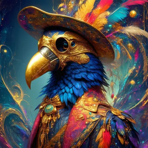 Golden Plague Doctor Bird Amid Psychedelic Fractals