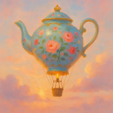 Fanciful Hot Air Balloon Designed as a Teapot Glides Peacefully