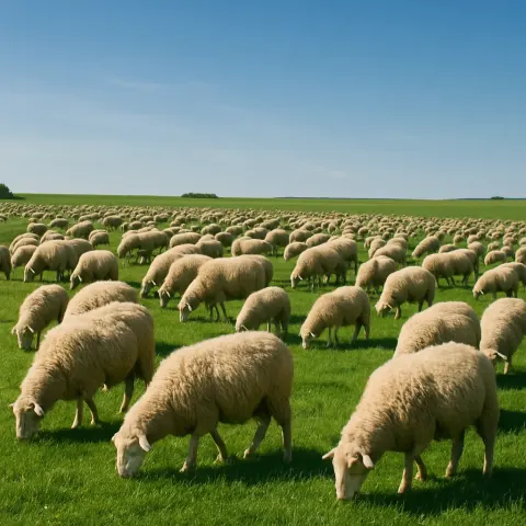 Vast Group of Sheep Feeding on Vibrant Green Grass