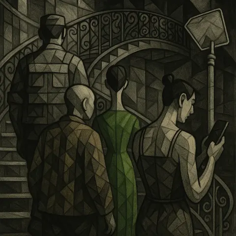 Four Figures Ascend an Ornate Spiral Staircase Towards a Mezzanine