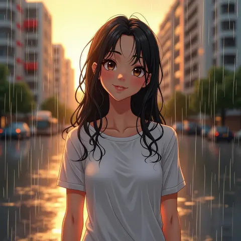 Smiling Girl Savoring Warm Summer Rain
