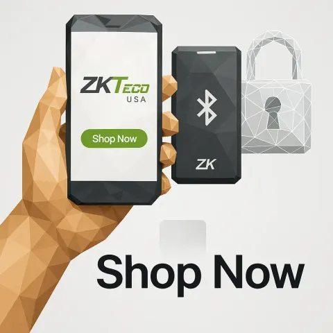 Polygonal Hand Holding a Smartphone Displaying ZKTeco USA App Next