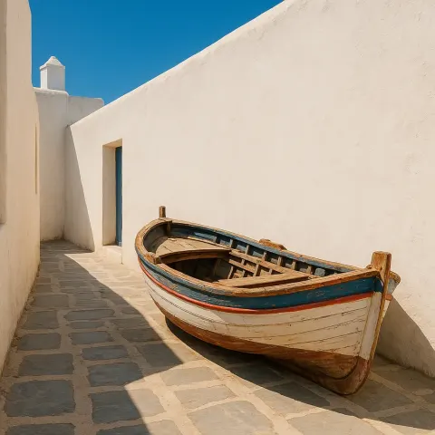 Wooden Boat Rests on a Paved Alley
