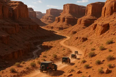 Small Convoy of Rugged Jeeps Kicks Up Faint Dust Trails