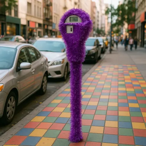 Parking Meter Wrapped in Purple Tinsel Stands Beside Parked Cars