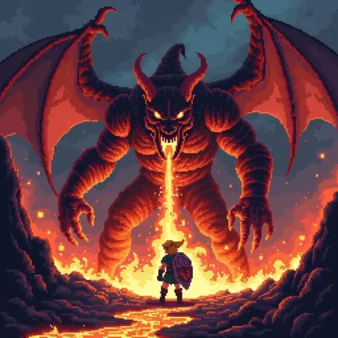 Balrog Battles Link in Pixel Hellscape