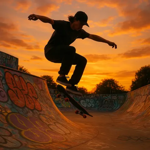 Skateboarder Performing a Trick at a Graffiti-covered Skatepark During Sunset