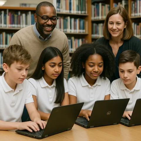Students in School Uniforms Working on Laptops at a Table