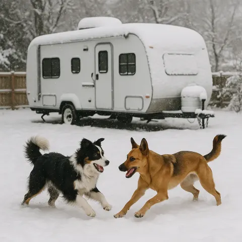 Two Dogs Playing in a Snow-covered Yard