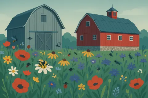 Vibrant Wildflower Meadow Buzzing with Insects Reveals a Classic Gambrel
