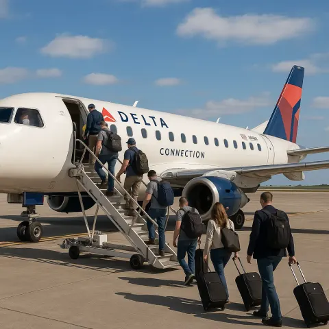 Delta Connection Airplane Parked on a Tarmac with Passengers Boarding