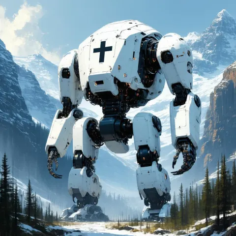 Colossal Crusader Golem Among Snowy Peaks