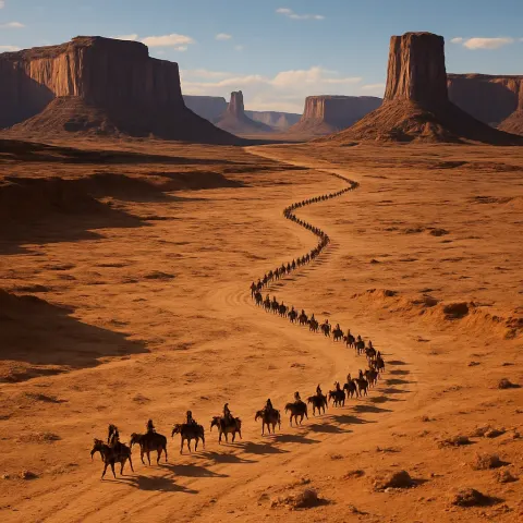 Long Line of Numerous Tiny Figures on Horseback Snakes
