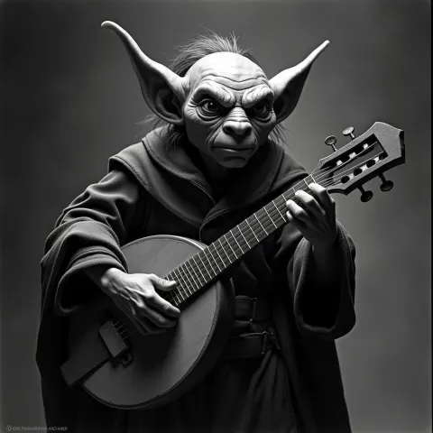 Goblin Bard With Lute on Grainy Film