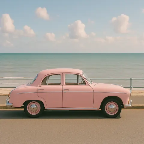 Retro Car in Pastel Pink Parked near the Oceanfront