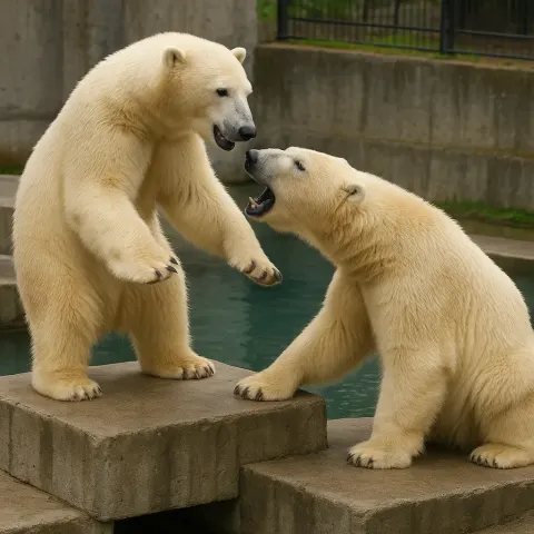 Two Polar Bears Interacting on Concrete Platforms