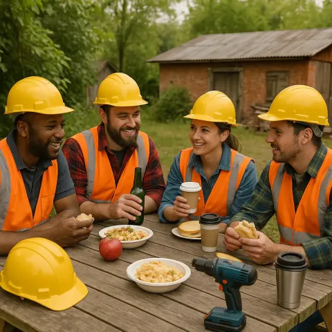 Group of Workers Gather Around an Outdoor Table with Food