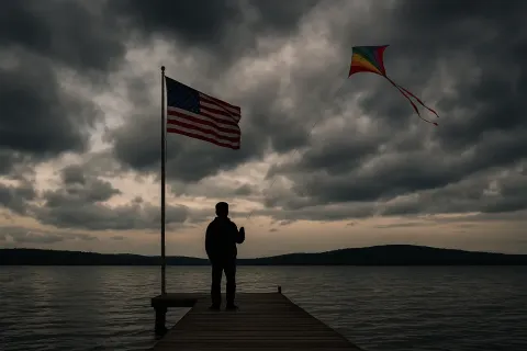 Lakeside Dock with an American Flag