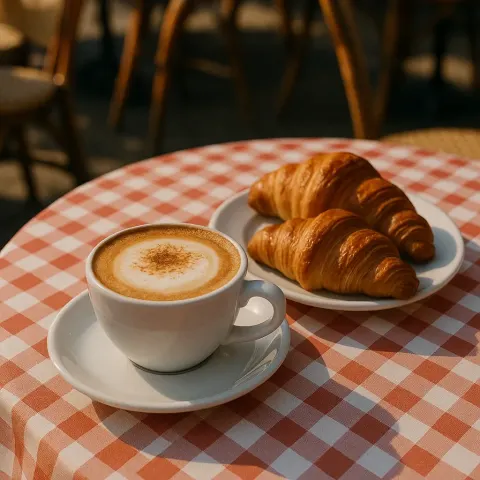 Cup of Cappuccino and Croissants on a Checkered Tablecloth