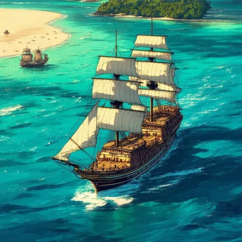 Herge Style Pirate Ship Near Tropical Island