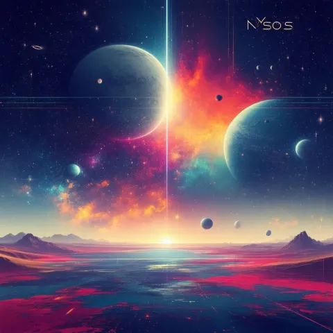 Minimalist Nysos Logo Over Distant Planets