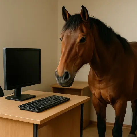 Horse Positioned Close to a Desk That Has a Keyboard