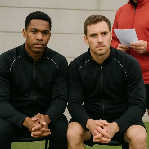 Two Men in Black Athletic Jackets Sitting on Chairs